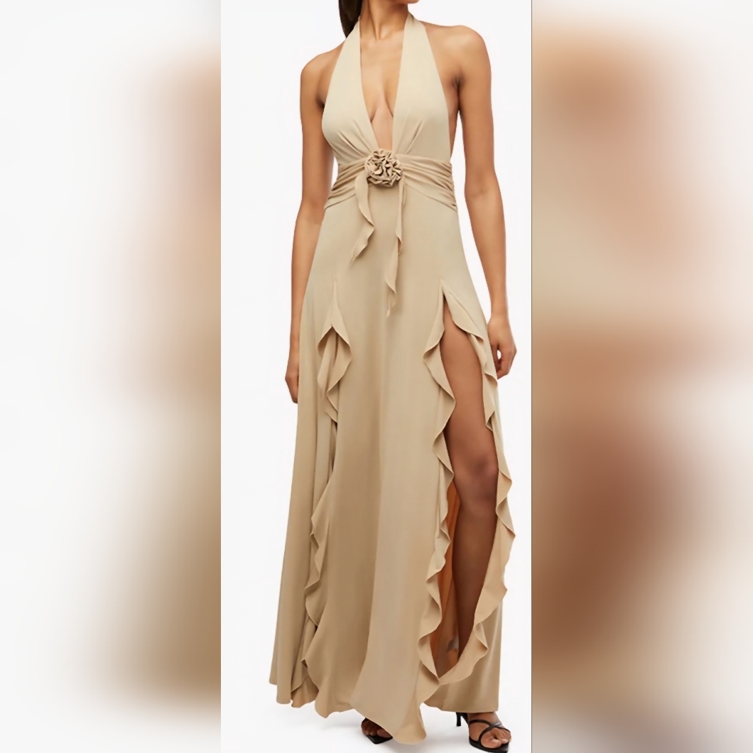 Weworewhat Halter Ruffles Knit Maxi Dress In Safari, Nwt, Size Xl